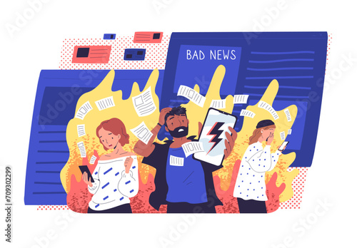 Doomscrolling. People reading upsetting news and negative trends excess information lot screens overwhelmed data endless flow internet content info chaos classy vector illustration