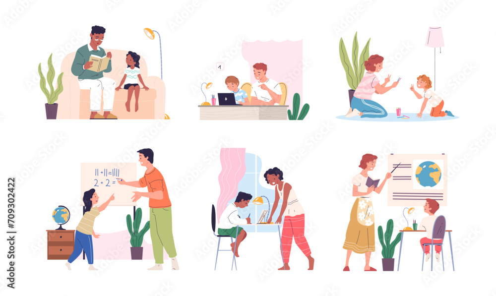Parents homework. Father and mother teaching kids, parent acting mentor or tutor, family helping support home study education, dad control child learning classy vector illustration