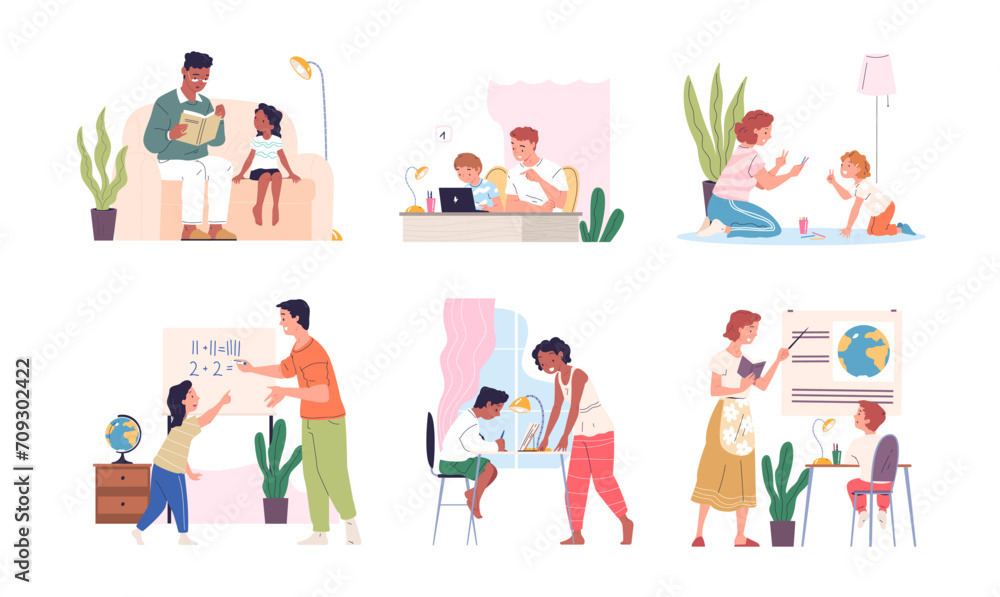 Fototapeta premium Parents homework. Father and mother teaching kids, parent acting mentor or tutor, family helping support home study education, dad control child learning classy vector illustration