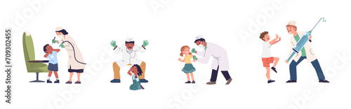 Children afraid doctor. Scared kids scape vaccine injection and dentist syringe needle, child patients stress childhood hospital fear
