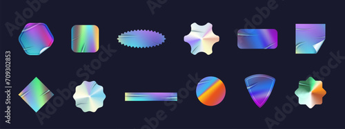 Holographic wrinkled stickers. Glow hologram badge wrinkles folded edge, foil metallic rainbow stickers shiny gradient label geometric shape