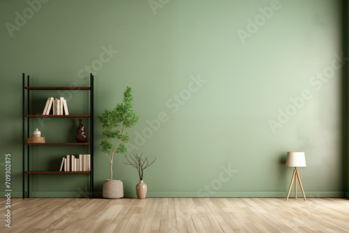 A small lamp, a potted plant and a shelf or bookcase in an empty living room with a wooden floor and a green wall with space for a sofa. Generative AI