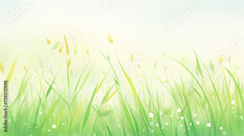 Close up of grass and morning dew Natural sunlight exposition, Cartoon drawing, Water color style, AI Generated