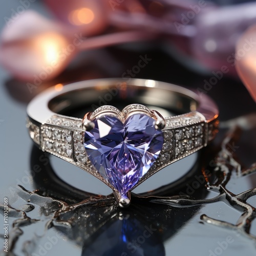 Ring in white gold or silver with a blue heart-shaped gemstone. Wedding ring with diamond, sapphire, topaz. Valentine's Day gift. Romantic ring. Jewelry and decorations with a heart. photo