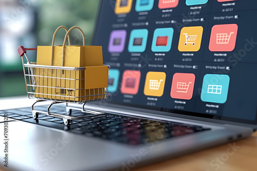Product package boxes and shopping bag in cart with laptop computer which web store shop on screen for online shopping and delivery concept photo