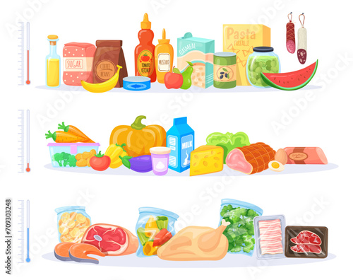 Fridge food storage. Products refrigeration temperature inside fridge or kitchen freezer, freshness foods refrigerator shelf, cold cool meat fish cartoon neat vector illustration