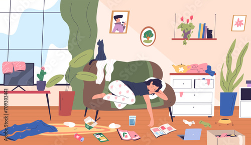 Lazy woman room. Apathetic sad girl relax lying on couch untidy apartment home disorder with dirty socks or trash, indifference women depression concept classy vector illustration photo