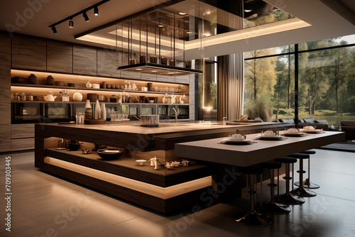 Luxurious and modern mansion kitchen with large windows overlooking the forest. Generative AI © Lucas