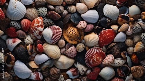 A collection of intricately shaped seashells scattered along a rocky shoreline, each one telling a story of the ocean's journey-Generative Ai