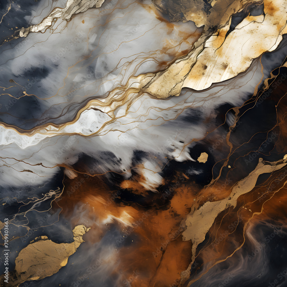 Marble texture and pattern in earth colors with grey, brown, gold, black, white and orange.