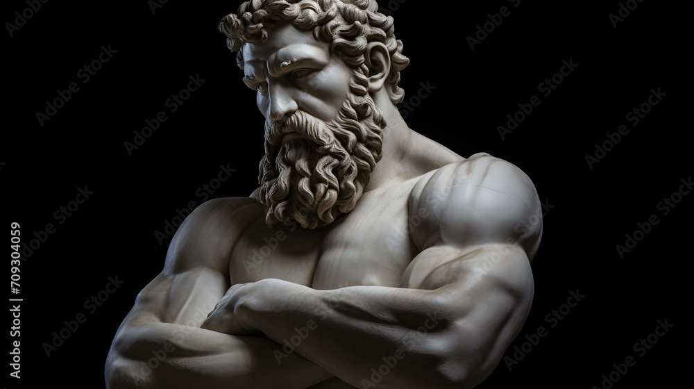 Ancient thinker, Philosopher. Marble statue of an ancient beard muscular man, with his arms crossed, thinking, looking down - obrazy, fototapety, plakaty 