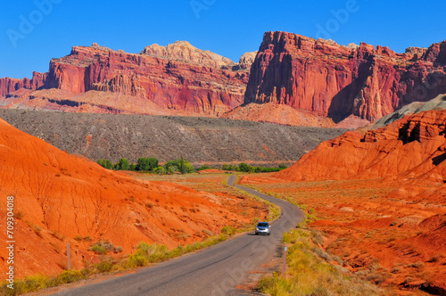 Mid-morning on the Scenic Drive through the Capitol Reef National Park, Utah, Southwest USA.