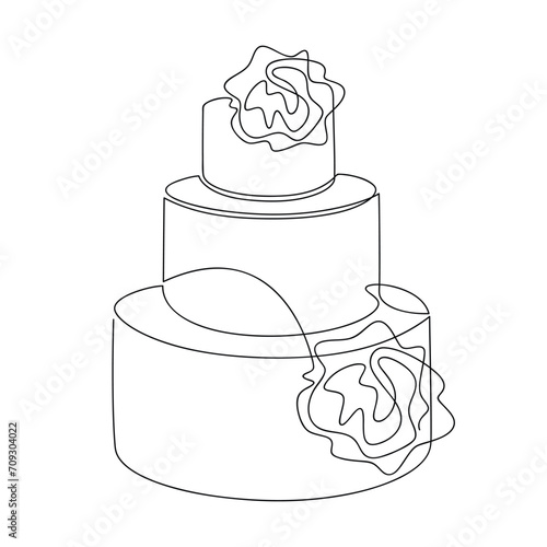 Hand drawn layer cake with rose flowers vector. One line continuous drawing. Linear dessert icon. Minimal design, print, banner, cafe card, bakery brochure, logo, sign, wedding symbol, menu.