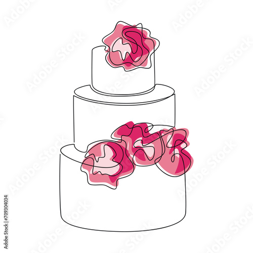Wedding layer cake with pink flowers vector. One line continuous drawing. Hand drawn linear dessert icon. Minimal design, print, banner, cafe card, bakery brochure, logo, sign, symbol, menu.
