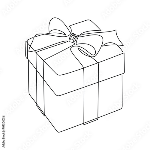 Gift box with ribbon bow vector icon. Hand drawn illustration. One line continuous drawing. Outline print, banner, greeting card, poster, sign, logo, holiday symbol, birthday present.