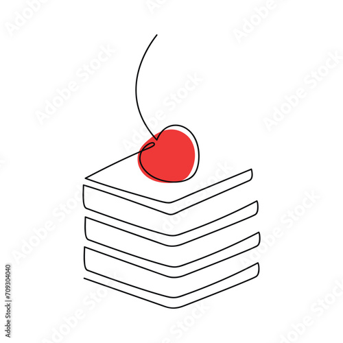 Piece of cake with red cherry berry vector. One line continuous drawing. Hand drawn illustration. Linear dessert icon. Abstract print, banner, card, brochure, bakery logo, caffe sign, symbol, menu.