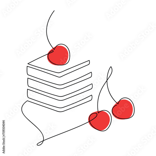 Vector piece of cake with red cherry berry. One line continuous drawing. Hand drawn illustration. Linear dessert icon. Abstract print, banner, card, brochure, bakery logo, caffe sign, symbol, menu.