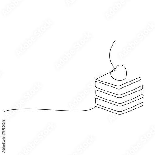 Piece of cake with cherry berry vector. One line continuous drawing. Hand drawn illustration. Linear dessert icon. Abstract print, banner, card, brochure, bakery logo, caffe sign, symbol, menu.