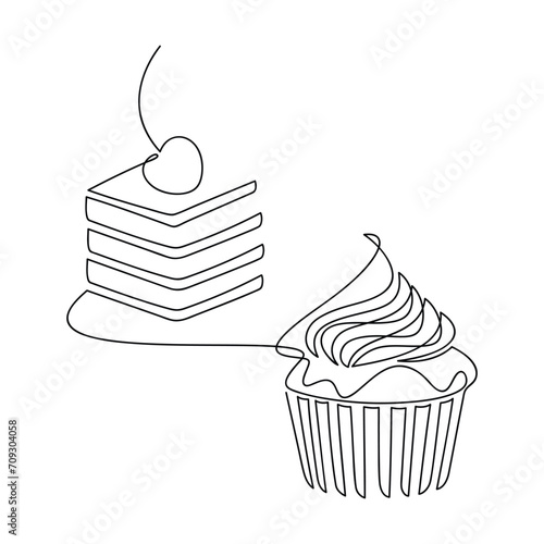 Cherry berry cake muffin creamy cupcake vector. Line continuous drawing. Hand drawn illustration. Linear dessert icon. Abstract print, banner, card, brochure, bakery logo, caffe sign, symbol, menu.