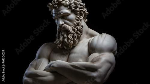 Ancient thinker, Philosopher. Marble statue of an ancient beard muscular man, with his arms crossed, thinking, looking down photo