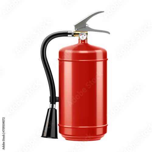 Red Dry Powder Fire Extinguisher with nozzle isolated on white background. Portable fire extinguishing equipment from fire department. Professional tool or instrument. Realistic 3D vector illustration