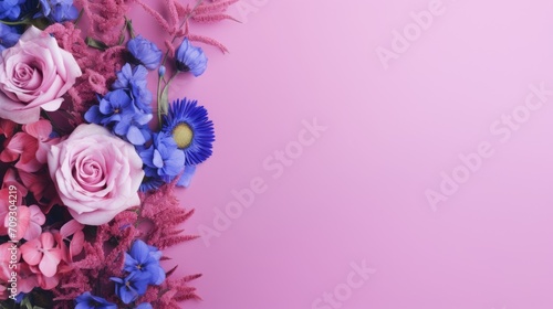 Blue and pink flowers on a pink background. Decor design for printing, wallpaper, textiles, interior design, packaging, invitations. Delicate floral texture.