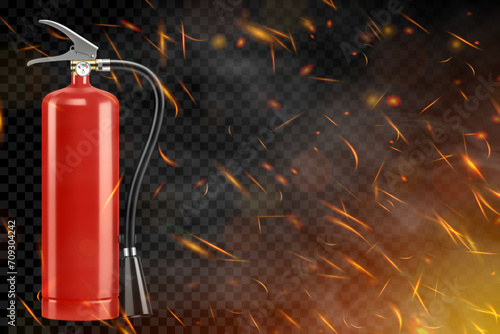 Realistic red extinguisher isolated on burning background. Portable fire extinguishing equipment from fire department. Professional tool or instrument. Realistic 3D vector illustration