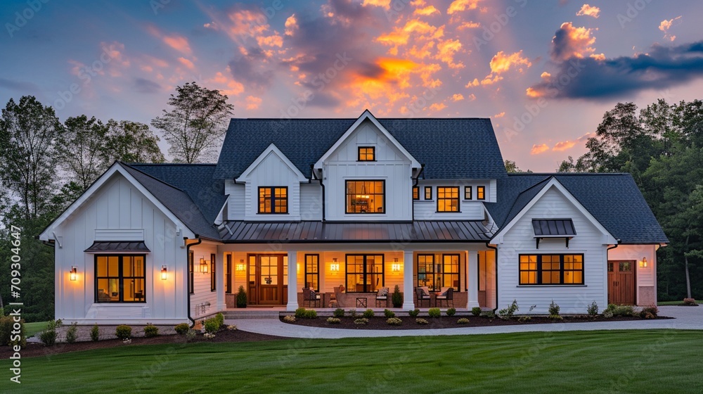 Beautiful modern farmhouse style luxury home exterior at twilight - obrazy, fototapety, plakaty 