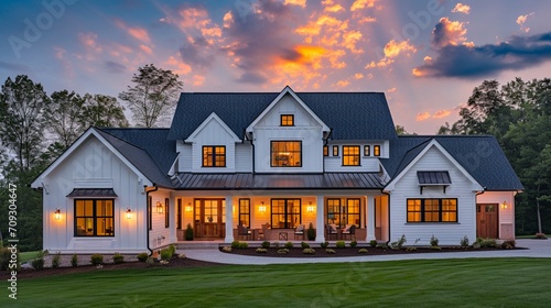 Beautiful modern farmhouse style luxury home exterior at twilight photo