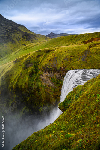 Stunning Skógafoss waterfall seen from above, south Iceland.