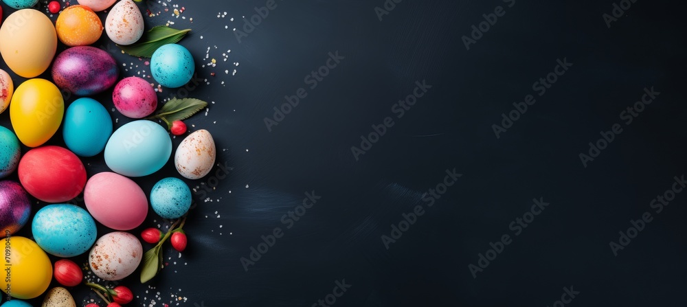 Colorful handcrafted easter eggs on blue background   minimalistic concept with text space card