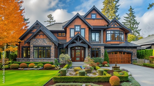 Beautiful, traditional luxury upscale house home exterior with windows, stained cedar wood shingle siding, painted trim and lawn garden landscaping