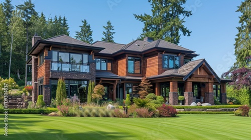 Beautiful, traditional luxury upscale house home exterior with windows, stained cedar wood shingle siding, painted trim and lawn garden landscaping