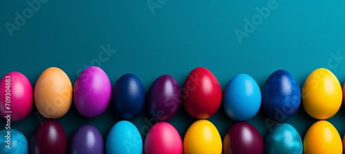 Colorful easter eggs on blue background with minimalistic concept and text space for design