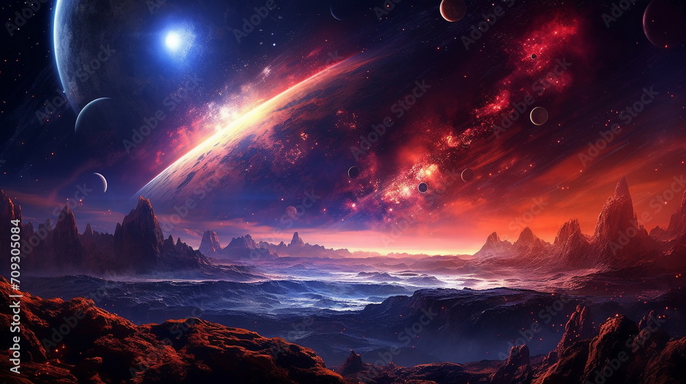 alien landscape with a view of the mountains and the planet