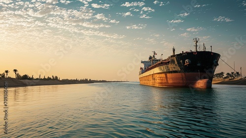 Containership in the Suez Canal. Space for text.
