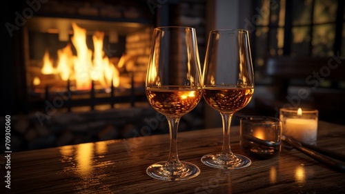 Valentin's Day A cozy fireplace with flickering flames illuminating a pair of entwined wine glasses-Generative Ai