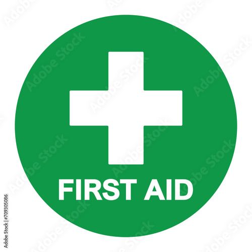 First aid sign, health cross medical symbol, medicine emergency illustration icon, safety design. Green circle and white cross symbol with FIRST AID text below, vector illustration isolated on white. photo