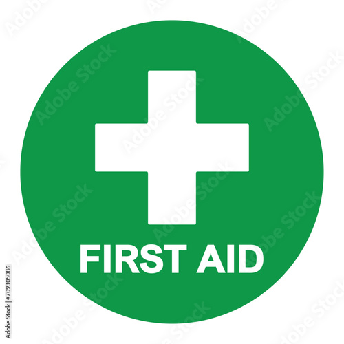 First aid sign, health cross medical symbol, medicine emergency illustration icon, safety design. Green circle and white cross symbol with FIRST AID text below, vector illustration isolated on white.