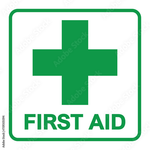 First aid sign, health cross medical symbol, medicine emergency illustration icon, safety design. Green square and green cross symbol with FIRST AID text below, vector illustration islated on white.
