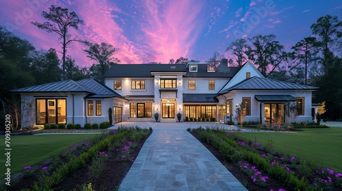 Exterior Modern Farmhouse at Dusk with Pink and Blue Sky
