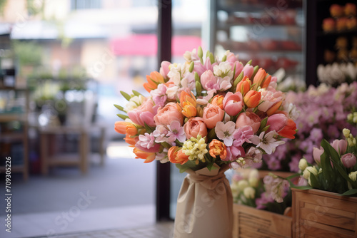 A flower shop sells a bouquet of beautiful spring flowers. © ERiK