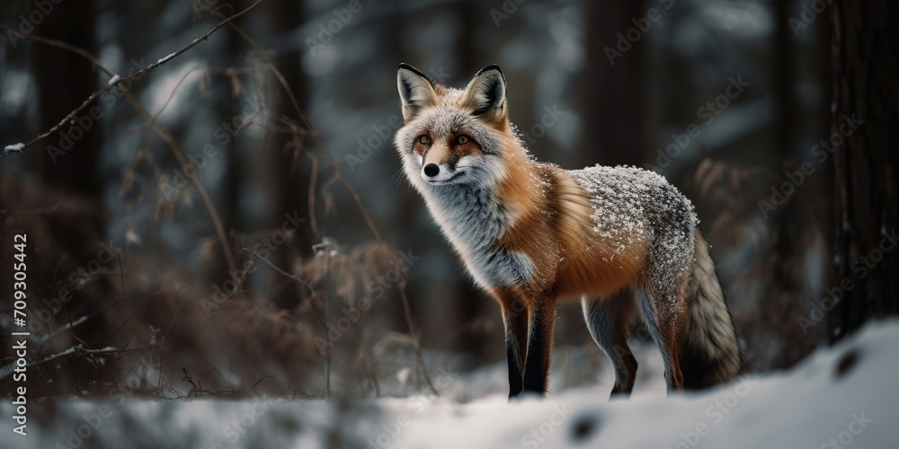 Red Fox In The Winter Forest On A Hunting
