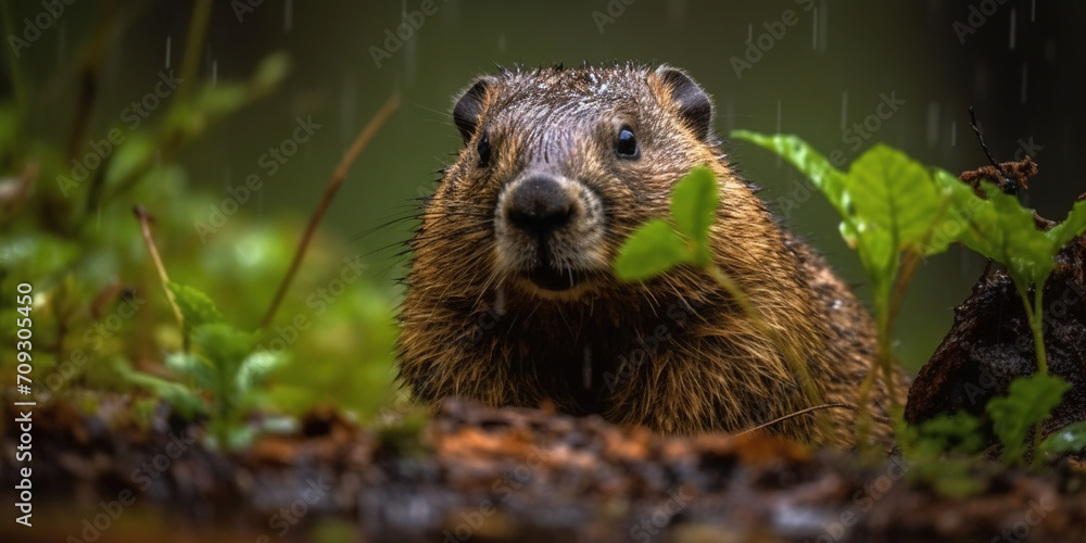 Wild Beaver In The Forest In The Rain Wild Beaver In The Forest In The Rain