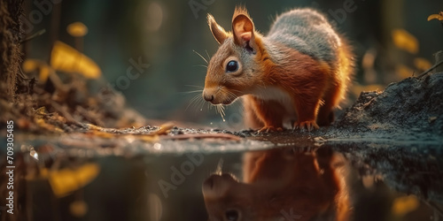 Beautiful Red Wild Squirrel Drinks Water From Creek In Autumn Forest