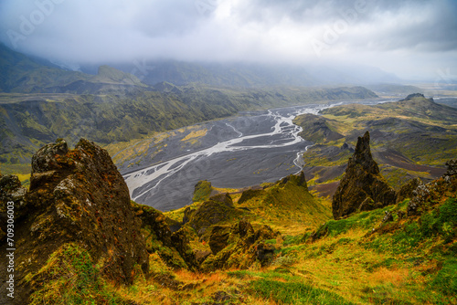 Majestic view of the Krossá river valley from the summit of Mount Valahnúkur, Thorsmork National Park, Iceland.