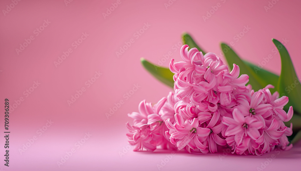 Spring banner, hyacinths on a pink background, copy space for text