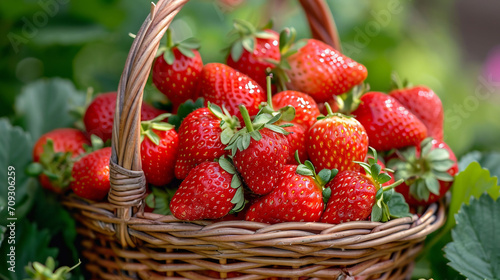 Juicy ripe strawberries in a wicker basket