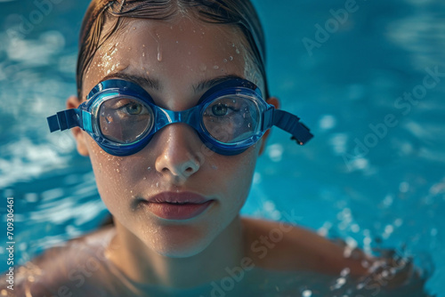 A young woman is swimming in the pool wearing swimming goggles. water sports, water treatments. © MaskaRad