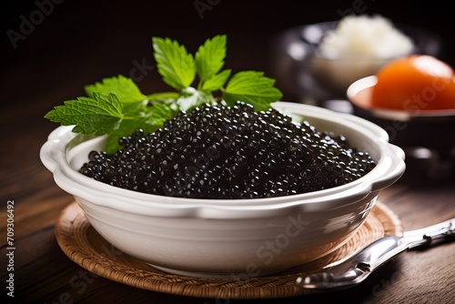 black caviar of sturgeon in a white bowl in close-up.